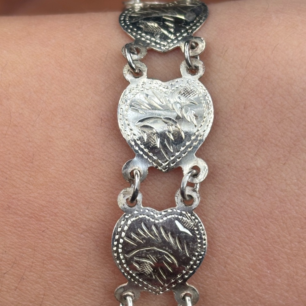 Vintage 925 Heart Link Bracelet Engraved Floral Hearts 6.5”